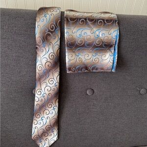 Brown and Blue Swirl Silk Tie with Pocket Square